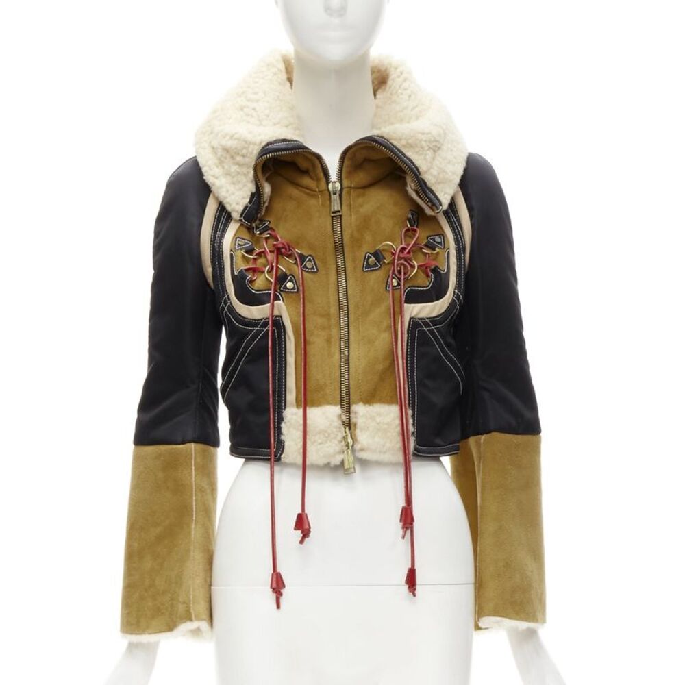 rare DSQUARED2 Vintage Runway brown suede shearling nylon aviator jacket IT40 S - Picture 3 of 8